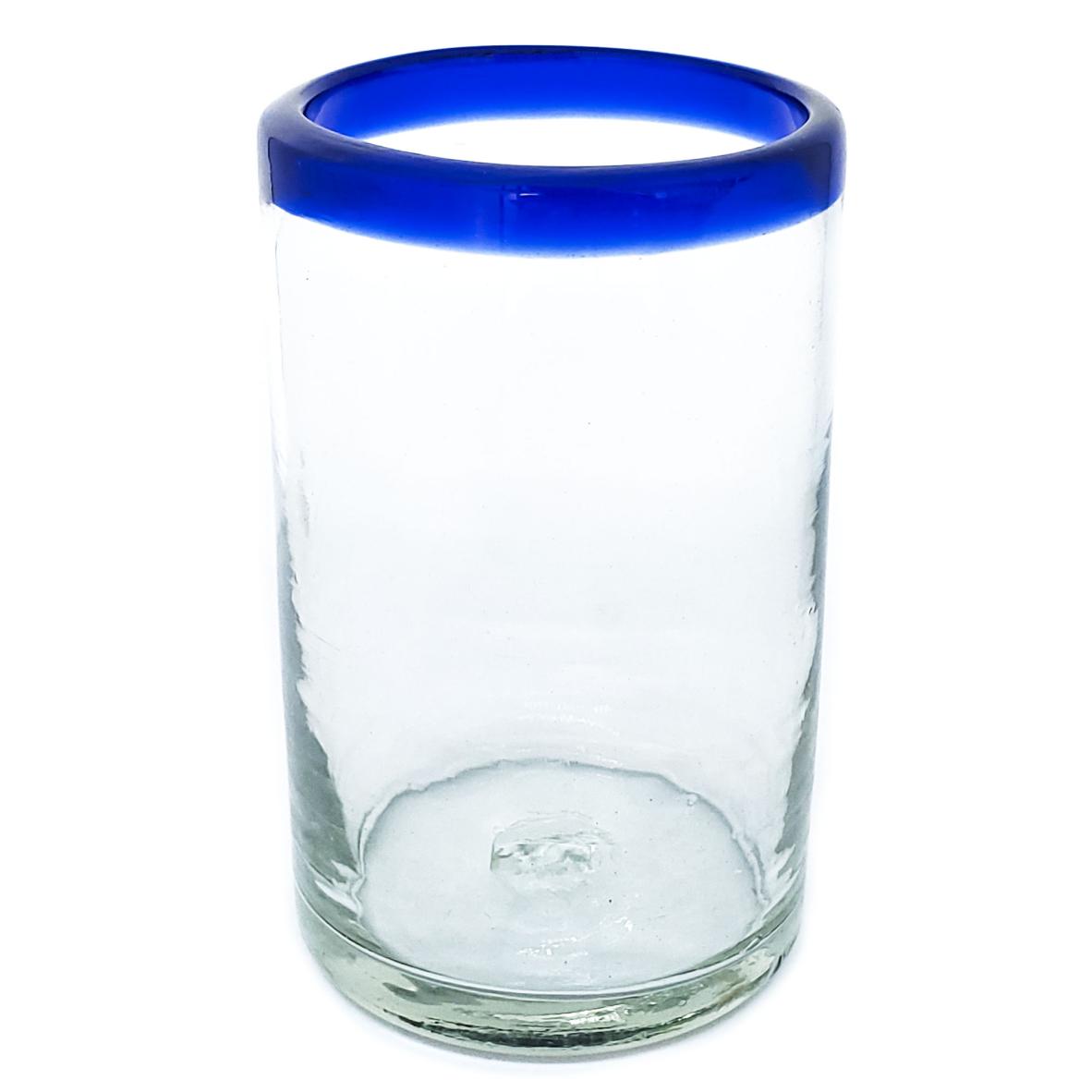 VIDRIO SOPLADO / Juego de 6 vasos grandes con borde azul cobalto / stos artesanales vasos le darn un toque clsico a su bebida favorita.